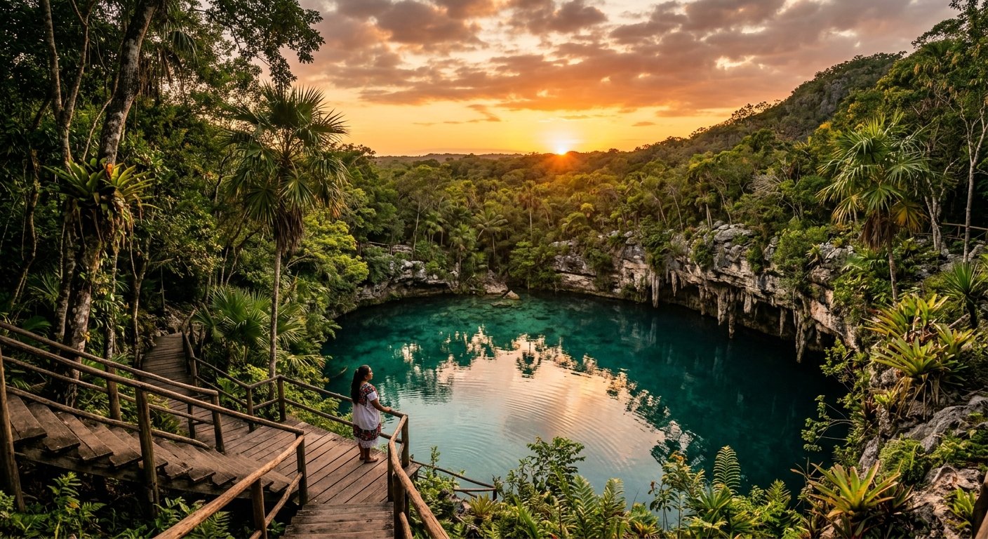 Cenote al atardecer en Yucatán